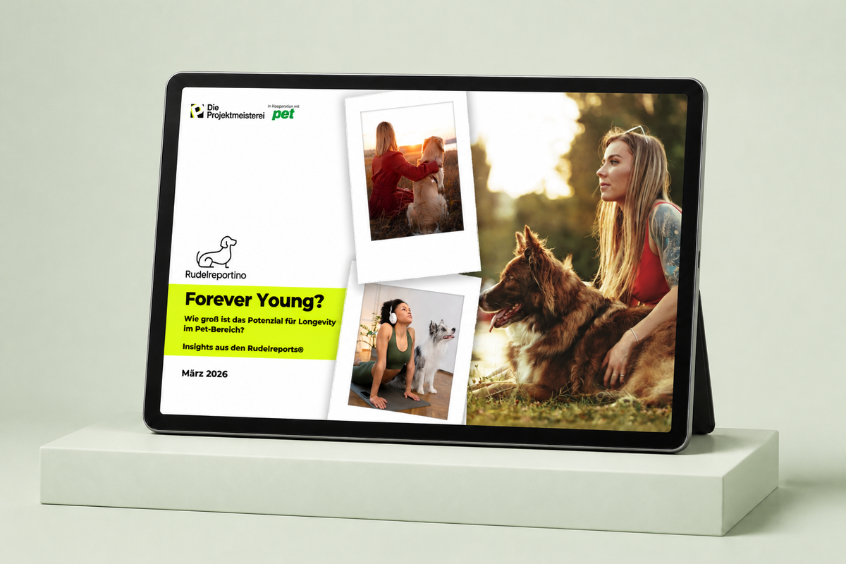 Rudelreportino 1 Longevity – Tablet-Mockup auf salbeigrünem Hintergrund