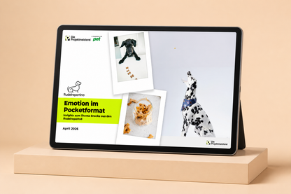 Rudelreportino 5 Snacks – Tablet-Mockup auf apricotfarbenem Hintergrund